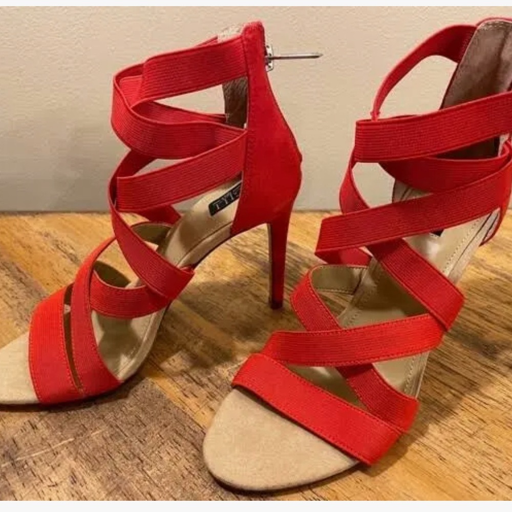 Red Strappy High Heel Sandals - Women